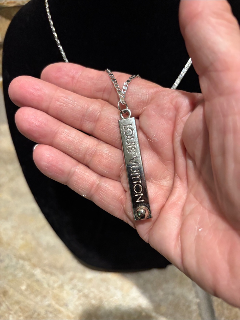 LV Silver Vertical Logo Bar Necklace - Picture 3 of 5